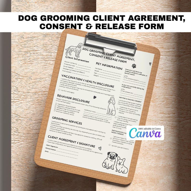 Grooming Section Lettering Dog Grooming Client Agreement Template | Editable Pet Groomer Contract ...