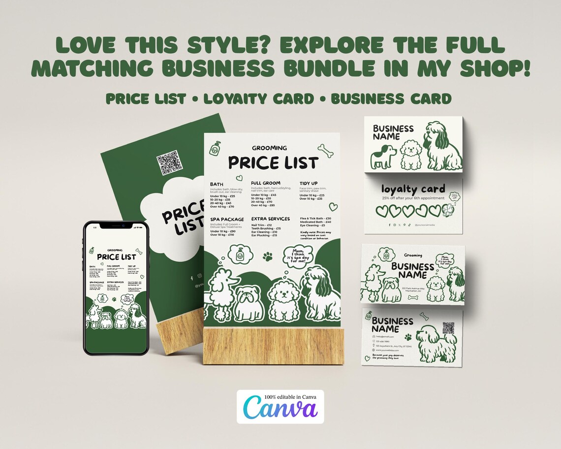 Dog Grooming Price List Template Editable Pet Spa Menu (digital