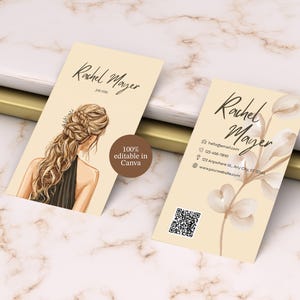 Friseur Visitenkarte Vorlage | Bearbeitbar in Canva | QR-Code | Weibliche Schönheit Karte | Sofort Download