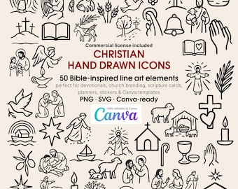 Christian Line Art Icons | Bible Hand-Drawn Clipart (PNG, SVG)