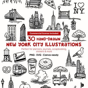 Può includere: Una collezione di 30 illustrazioni di New York disegnate a mano in bianco e nero, che raffigurano monumenti iconici come la Statua della Libertà, il Ponte di Brooklyn, l'Empire State Building, un taxi, una metropolitana, un hot dog e un piccione.