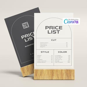 Modelo de Lista de Preços Moderno | Design de Arco Editável para Canva | Cardápio de Salão de Cabeleireiro | Cartão de Preços de Serviços para Estilistas e Profissionais de Beleza