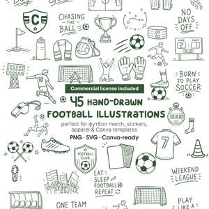 Puede incluir: Ilustraciones de fútbol dibujadas a mano en tinta verde, que incluyen un campo de fútbol, un balón, un trofeo, una camiseta y texto que dice "Game Day" y "Goal". La imagen también incluye el texto "45 HAND-DRAWN FOOTBALL ILLUSTRATIONS".
