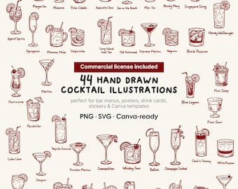 44 Hand Drawn Cocktail Illustrations, Vintage Line Art Icons (SVG PNG)
