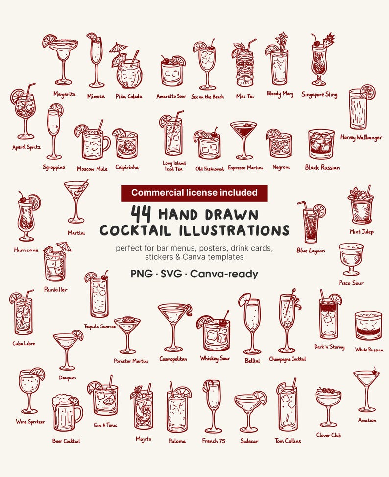 Set of 44 hand drawn cocktail illustrations in vintage line art style arranged on a beige background. Includes popular drinks like Margarita, Mojito, Martini, Negroni, Aperol Spritz and more. Clean red outline icons perfect for bar menus, restaurant branding, drink cards and cocktail themed designs. SVG and PNG files included, Canva ready clipart bundle for commercial use.