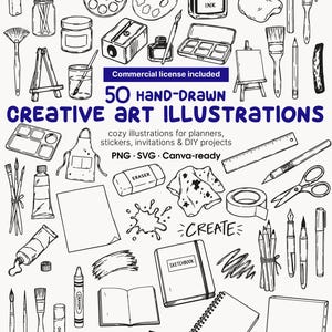 Könnte beinhalten: Eine Sammlung von 50 handgezeichneten schwarz-weißen Kunstillustrationen mit verschiedenen Utensilien wie Pinseln, Paletten, Tintenfässern, Skizzenbüchern, Stiften, Scheren und einer Schürze, mit dem Text 50 HAND-DRAWN CREATIVE ART ILLUSTRATIONS.