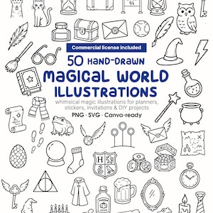 Peut inclure: Une collection de 50 illustrations au trait noir et blanc dessinées à la main sur le thème de la magie, incluant un château, un chat, un hibou, une baguette, une potion, un chaudron, un parchemin et un train. Le texte indique 50 HAND-DRAWN MAGICAL WORLD ILLUSTRATIONS.