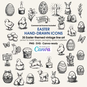 Puede incluir: Una colección de 35 iconos de Pascua dibujados a mano en un estilo de arte lineal vintage. Las ilustraciones incluyen huevos de Pascua, conejos, pollitos, cestas, cruces y elementos florales. El texto incluye "Happy Easter" y "Easter Eggs".