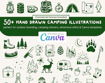 Hand Drawn Camping Clipart Bundle, Outdoor Adventure Icons, Hiking Illustrations (SVG, PNG)