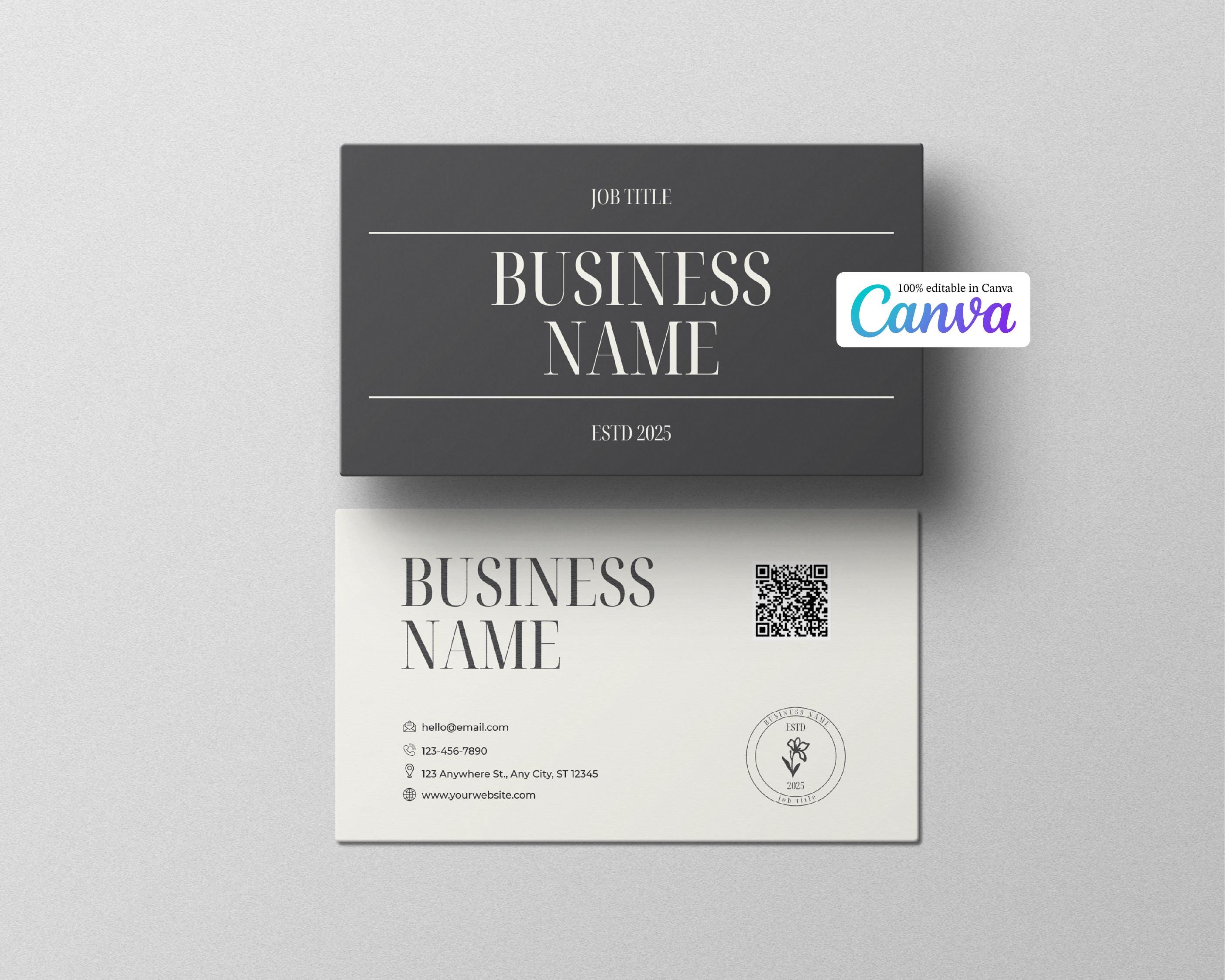 Minimalist Editable Business Card Template – Modern Canva Layout, Printable Black & White Card, QR Code Included