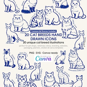 以下が含まれることがあります： 20種類の猫の品種を手描きしたイラスト。濃い青色で描かれています。「20 CAT BREEDS HAND DRAWN ICONS」と「Canva-ready」の文字が含まれています。ペットショップやクリエイティブなプロジェクトに最適です。