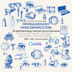 Puede incluir: Una colección de iconos de oftalmología dibujados a mano en azul, que incluyen tablas optométricas, gafas e instrumentos médicos. La imagen incluye el texto "OPHTHALMOLOGY HAND DRAWN ICONS" y "Canva".