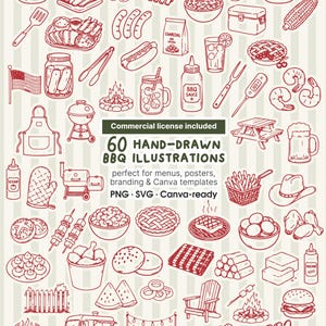 May include: Hand-drawn BBQ illustrations in red and white, including burgers, ribs, and grilling tools. The image includes text that says "Commercial license included" and "60 HAND-DRAWN BBQ ILLUSTRATIONS". Perfect for menus, posters, and branding.
