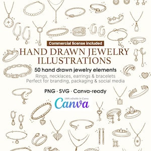 Schmuck Line Art Illustrationen | Ringe, Halsketten, Ohrringe (Canva, SVG, PNG)
