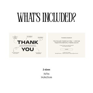 What’s included page with previews of both card sides: one with thank you message and the other offering a discount and social media call to action. Two sizes available: 5x7 inches and A5 (14.8x21cm). Editable Canva template.