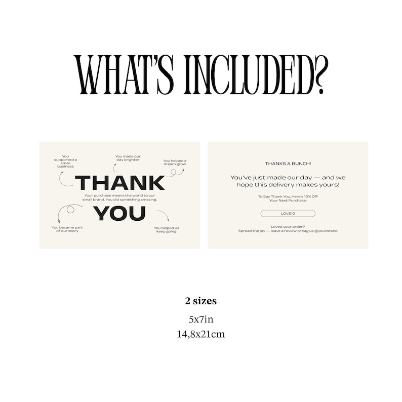 What’s included page with previews of both card sides: one with thank you message and the other offering a discount and social media call to action. Two sizes available: 5x7 inches and A5 (14.8x21cm). Editable Canva template.