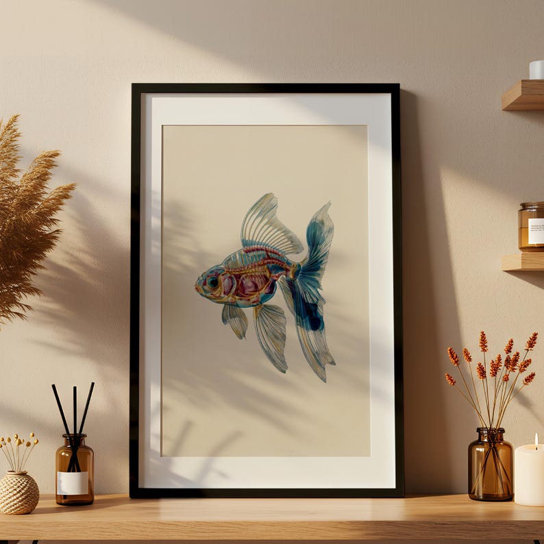 Veterinary anatomy illustration of a fish in a black frame, showing detailed internal organs, skeleton, and muscle structure. Displayed on a wooden shelf with candles and vases, the print combines vintage scientific art with cozy modern decor. This anatomy poster is perfect for veterinary clinics, aquariums, biology classrooms, or unique home interiors, blending education and art in one printable digital design.