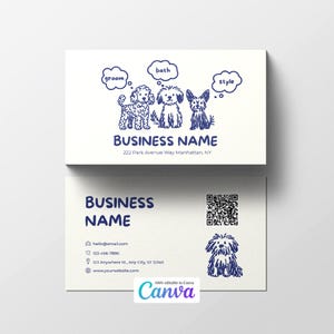 This image features a cute, hand-drawn dog grooming business card template in soft cream and navy colors. The front side shows three doodle dogs with speech bubbles saying “groom,” “bath,” and “style,” along with space for the business name and address. The back side includes contact details, icons, a QR code, and an illustration of a fluffy dog. This Canva-editable card is perfect for groomers, pet salons, and dog care professionals looking for friendly, modern branding.