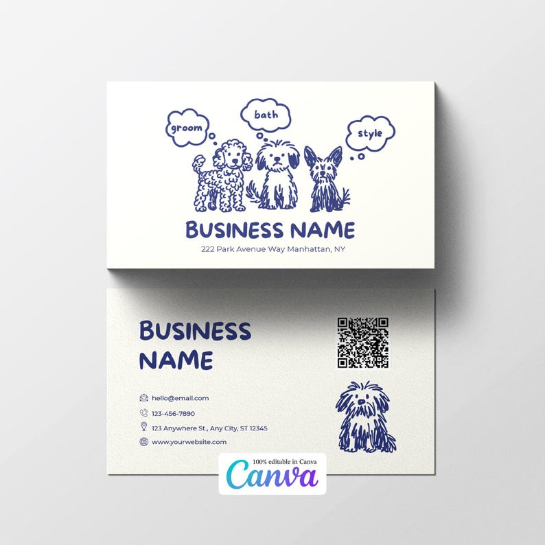 This image features a cute, hand-drawn dog grooming business card template in soft cream and navy colors. The front side shows three doodle dogs with speech bubbles saying “groom,” “bath,” and “style,” along with space for the business name and address. The back side includes contact details, icons, a QR code, and an illustration of a fluffy dog. This Canva-editable card is perfect for groomers, pet salons, and dog care professionals looking for friendly, modern branding.