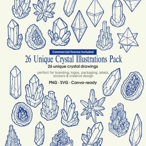 Könnte beinhalten: Eine Sammlung von 26 einzigartigen Kristallillustrationen im blauen Linienstil. Das Bild zeigt verschiedene Kristallformen, Geoden und ein sternförmiges Design. Der Text lautet "26 Unique Crystal Illustrations Pack" und "PNG · SVG · Canva-ready."
