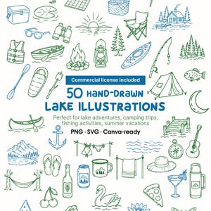 Peut inclure: Une collection de 50 illustrations de lac dessinées à la main à l'encre bleue et verte, comprenant des icônes d'équipement de camping, de faune, de nourriture et d'activités avec le texte 50 HAND-DRAWN LAKE ILLUSTRATIONS, Commercial license included.