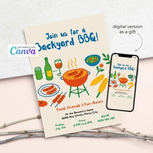 Könnte beinhalten: Eine digitale Einladung für ein Garten-BBQ mit farbenfrohen Illustrationen von Essen und Getränken. Die Einladung enthält den Text "Join us for a Backyard BBQ!" und Veranstaltungsdetails. Ein Smartphone zeigt die Einladung an.