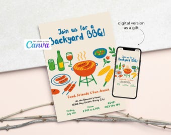 May include: A digital invitation for a backyard BBQ, featuring colorful illustrations of food and drinks. The invitation includes the text "Join us for a Backyard BBQ!" and event details. A smartphone displays the invitation.
