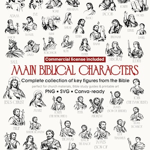 Puede incluir: Ilustraciones en blanco y negro de personajes bíblicos principales, como Adán, Eva y Jesucristo. La imagen incluye el texto "Licencia comercial incluida" y "Personajes bíblicos principales". Ideal para materiales de iglesia y guías de estudio bíblico.