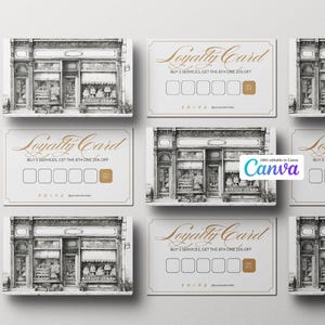 May include: A collection of white loyalty cards with a gold border and text. Each card features a detailed black and white illustration of a storefront. The text on the cards reads "Loyalty Card" and "Buy 5 services, get the 6th one 25% off."
