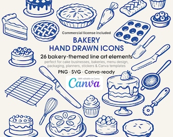 Bakery Hand Drawn Line Art Icons, Cake & Pastry Clipart (SVG, PNG)