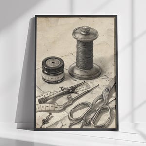 Vintage tailor tools printable wall art featuring scissors, spool of thread, thimble, and measuring tape. Antique style sketch illustration on rustic paper background. Perfect printable wall décor for sewing rooms, fashion studios, or craft spaces.