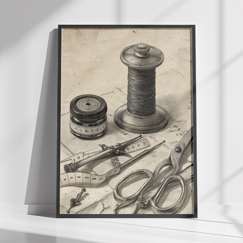 Vintage tailor tools printable wall art featuring scissors, spool of thread, thimble, and measuring tape. Antique style sketch illustration on rustic paper background. Perfect printable wall décor for sewing rooms, fashion studios, or craft spaces.
