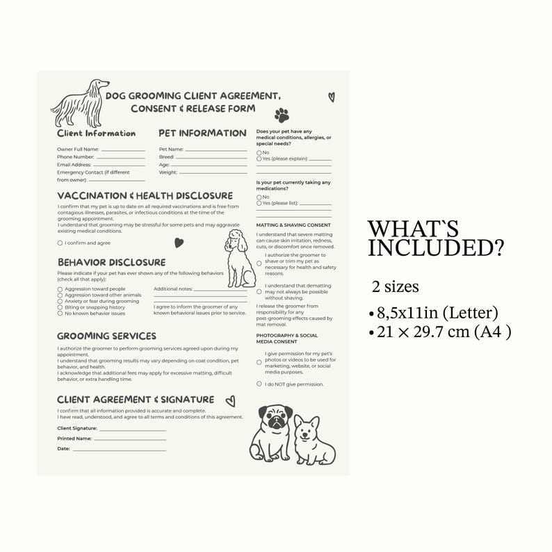 Dog Grooming Client Agreement Template | Editable Pet Groomer Contract ...