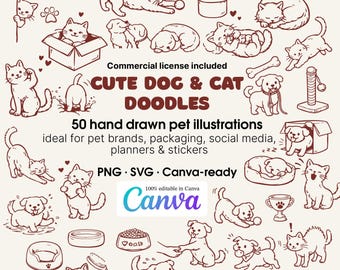 Puede incluir: Una colección de garabatos de perros y gatos dibujados a mano en varias poses y actividades. La imagen incluye el texto "CUTE DOG & CAT DOODLES" y "50 ilustraciones de mascotas dibujadas a mano". También está presente el logotipo de Canva.