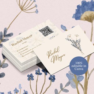 Tarjeta de presentación con código QR / Plantilla de tarjeta de presentación / Tarjeta de presentación con flores / Plantilla de tarjeta de presentación Canva / Tarjeta de presentación de doble cara