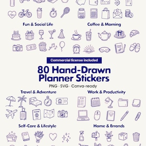 Puede incluir: Una colección de 80 pegatinas para planificador dibujadas a mano con tinta azul oscuro sobre un fondo claro. El conjunto presenta iconos categorizados por temas como salud, finanzas, vida social, café, viajes, productividad, cuidado y hogar.