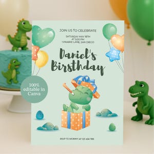 Convite de aniversário infantil – Cartão de festa impresso com nome personalizado – Design colorido e divertido – Pronto para usar – Convite de dinossauro impresso para crianças