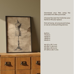 ailor dress form wall art, vintage sketch style. Printable poster with sewing mannequin illustration and design measurements. Perfect for sewing studios, dressmakers, fashion designers, or craft room décor. Digital download in multiple print sizes.