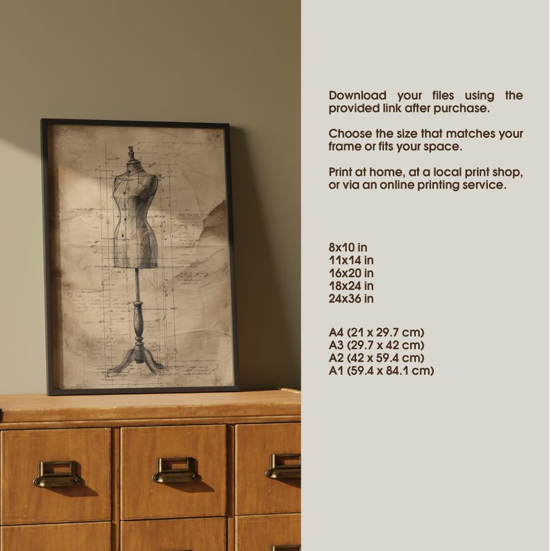 ailor dress form wall art, vintage sketch style. Printable poster with sewing mannequin illustration and design measurements. Perfect for sewing studios, dressmakers, fashion designers, or craft room décor. Digital download in multiple print sizes.