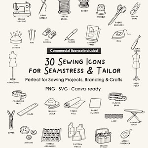 Paquete de 30 iconos de costura dibujados a mano, imágenes prediseñadas de costureras y sastres (SVG PNG)