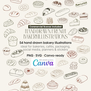 May include: A collection of hand-drawn French bakery illustrations, showcasing croissants, cakes, and bread. The image includes the text "Commercial license included" and "54 hand drawn bakery illustrations". The Canva logo is also present.