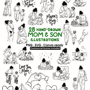 Könnte beinhalten: Eine Sammlung von 28 handgezeichneten schwarz-weißen Illustrationen, die eine Mutter und ihren Sohn bei verschiedenen Aktivitäten zeigen. Das Set enthält Texte wie Boy Mom, Mama's Boy und Love you Mom sowie Zeichnungen von Herzen, einem Bären und Händen.