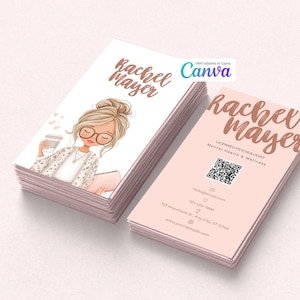 Modelo de cartão de visita editável – Design feminino Canva – Branding pessoal ou para pequenas empresas – Cartão vertical para impressão
