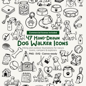 以下が含まれることがあります： 犬、リード、ボウル、グルーミングツール、散歩用アクセサリーを描いた47個の手描き白黒アイコン集。テキストには「47 Hand-Drawn Dog Walker Icons」、「Commercial license included」、「Hiking and outdoor illustrations」と記載されています。