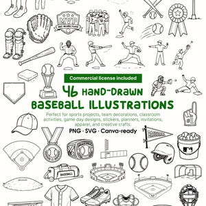 May include: A collection of 46 hand-drawn black and white baseball illustrations featuring players, equipment, stadiums, and trophies. The text reads Commercial license included, 46 hand-drawn baseball illustrations, and PNG SVG Canva-ready.