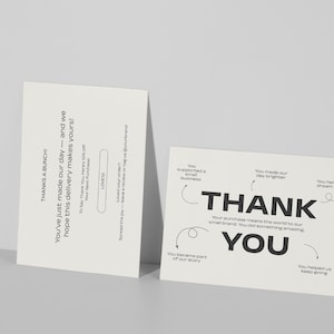 Thank you card standing mockup showing front and back designs. Includes bold "THANK YOU" on one side and discount code message on the other. Elegant and minimal design, editable with Canva for small shop owners.