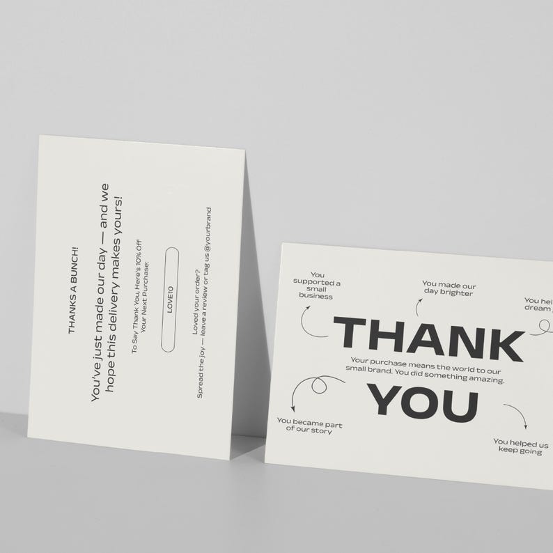 Thank you card standing mockup showing front and back designs. Includes bold "THANK YOU" on one side and discount code message on the other. Elegant and minimal design, editable with Canva for small shop owners.