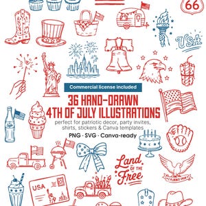 Puede incluir: Una colección de 36 ilustraciones dibujadas a mano para el 4 de julio en rojo y azul. Las imágenes incluyen cupcakes, botas de vaquero, un sombrero de copa, una cesta de picnic, una caravana, fuegos artificiales, la Estatua de la Libertad y una bandera.
