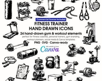 Hand Drawn Fitness Trainer Icons Bundle, Gym Workout Elements (PNG, SVG, Canva)