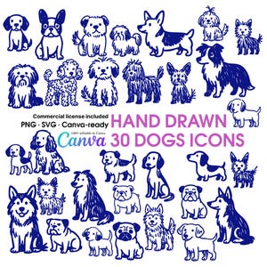 以下が含まれることがあります： ネイビーブルーと白の配色で描かれた、30種類の犬のハンドドローアイコンのコレクション。さまざまな犬種と「HAND DRAWN 30 DOGS ICONS」のテキストが含まれています。